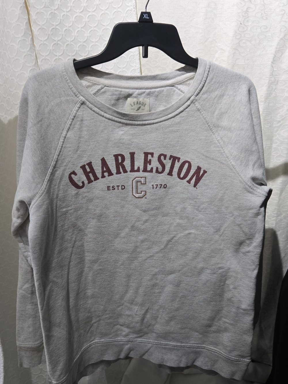 League Charleston Crewneck Sweatshirt in Light Gray with Maroon Text